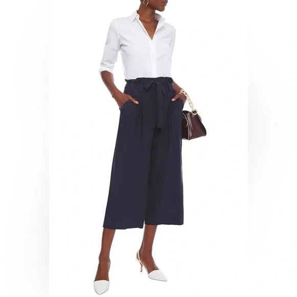 $385 L'AGENCE Blue 100% Silk Samira Wide Leg Paper Bag Cropped Pants - Picture 1 of 7